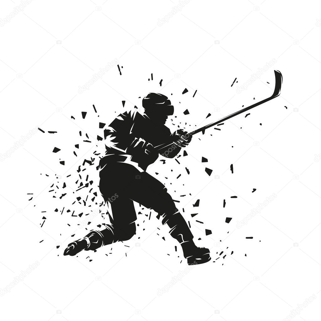 Hockey player shooting puck, isolated vector silhouette, ink drawing. Side view. Ice hockey winter team sport