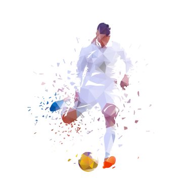 Futbol, futbolcu topa vuruyor, izole edilmiş düşük polivektör çizimi, ön görüş