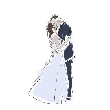 Wedding, bride and groom kissing, line art, isolated vector drawing illustration clipart