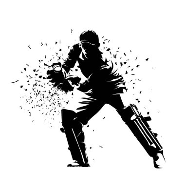 Kriket oyuncusu, kale bekçisi yakalayan top, izole vektör silueti.