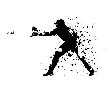 Beyzbol oyuncusu topu yakalıyor, izole vektör silueti, kenar görünümü