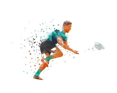Rugby oyuncusu pas veriyor, üçgenlerden izole edilmiş düşük poli vektör çizimi, geometrik çizim. Takım sporcusu