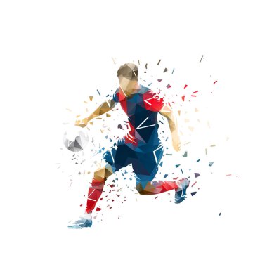 Futbolcu topa vuruyor, futbol oynuyor. İzole edilmiş düşük çokgen bükülmüş vektör çizimi. Takım sporları, yan görünüm