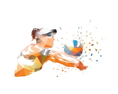 Plaj voleybolcusu kadın, izole edilmiş düşük polivektör çizimi. Yaz sporu bayan sporcusu