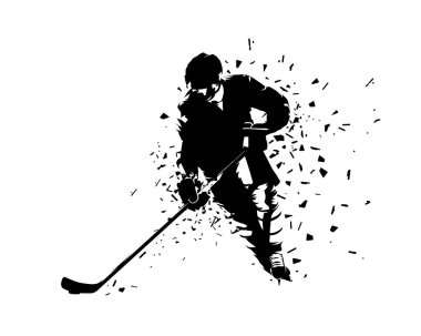 Hokey oyuncusu, izole vektör silueti. Ön manzara. Bozulmuş efekt
