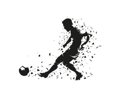 Futbolcu topa vuruyor, futbol oynuyor. İzole vektör silueti, dağılım efekti, mürekkep çizimi. Takım sporları