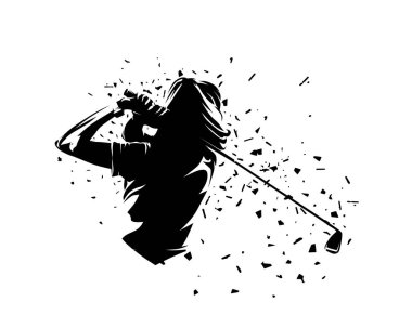 Golf oyuncusu, bayan golfçü. Golf oynayan, dikiz gören, çarpıtma yapan bir kadının izole vektör silüeti.