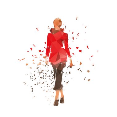 Business woman walking forward, front view, geometric isolated vector low poly illustration clipart