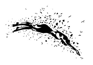 Yüzmeye başla, yüzmeye başlayan kadın, izole edilmiş vektör silueti, bozulmuş illüstrasyon