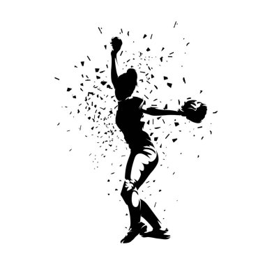 Softball oyuncusu, softball oynayan kadın, takım sporu, dağınıklık etkisi olan izole vektör silueti.