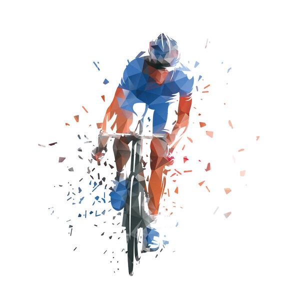 Велосипедист, велосипедист, изолированная векторная низкопольная иллюстрация с эффектом дисперсии. Вид спереди