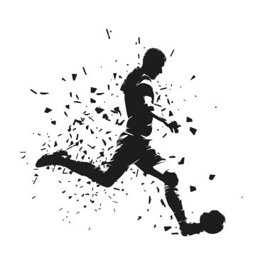 Futbol oyuncusu koşuyor ve topa vuruyor, yalıtılmış vektör silueti, yan görüş. Futbolcu, yüksek kontrastlı Clipart