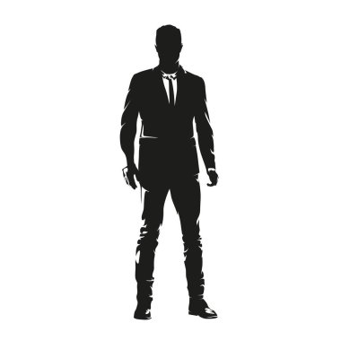 İşadamı ayakta, yüksek kontrastlı çizim, izole vektör silueti, iş adamı takım elbise içinde, ön manzara