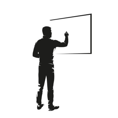 Adam tahtaya yazıyor. Eğitim, sunumlar. Öğretmen ya da öğretim üyesi açıklıyor. İzole vektör çizimi, yüksek kontrastlı silüet