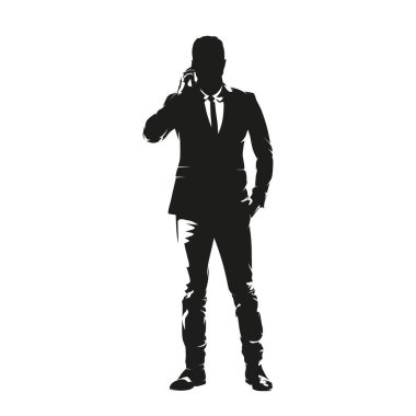 İşadamı ayakta ve cep telefonundan arıyor. Yüksek kontrast izole vektör silueti. Cep telefonu olan bir iş adamı.