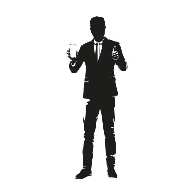 İş adamı cep telefonunu tutuyor ve ekranını gösteriyor, diğer eliyle de baş parmağını kaldırıyor. İzole vektör silueti, yüksek karşıtlık illüstrasyonu