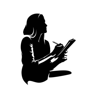 Kadın notlar alıyor, izole vektör silueti, yüksek kontrastlı resimleme. İş kadını