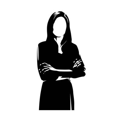 Katlanmış kolları, ön görüşü ve izole vektör silüetiyle ayakta duran bir iş kadını. Yüksek karşıtlık illüstrasyonu