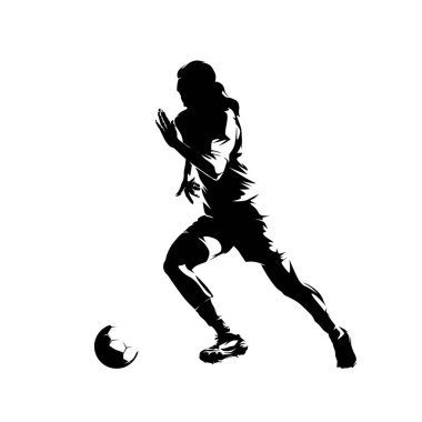 Futbol oynayan kadın, topla koşan bayan futbolcu, izole vektör silueti, kenar görüş