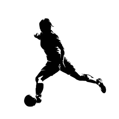 Futbolcu kadınlar, topa vuran bayan futbolcu, izole edilmiş vektör silueti, yüksek kontrastlı illüstrasyon, kenar görüş