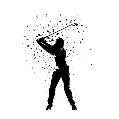 Golf oyuncusu klip sanatı, izole edilmiş vektör silueti. Spor atleti, golf vuruşu, ön manzara.