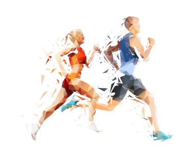 Koşun, koşan insanlar - erkek ve kadın, düşük polimer izole edilmiş spor illüstrasyonu, yan görüş. Atletizm sporcuları