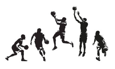 Basketbol, basketbol oyuncuları grubu, vektör siluetler. Yüksek karşıtlık çizimleri