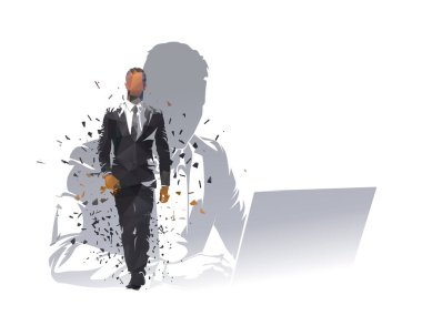 İş adamları, yürüyen bir iş adamı ve bilgisayarında çalışan bir adamın iki kez görüntülenmesi. Programcı, kodlayıcı, izole vektör silueti. İş illüstrasyonu