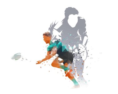 Rugby oyuncusu pas veriyor, üçgenlerden izole edilmiş düşük poli vektör çizimi, geometrik çizim. Takım sporcusu