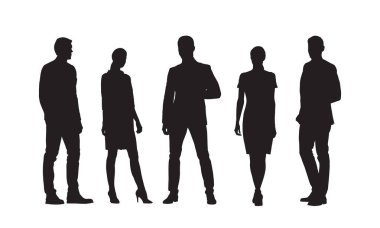 Bir grup iş adamı, izole vektör siluetleri. Ayakta duran erkekler ve kadınlar
