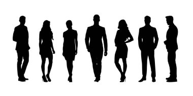 İş adamları siluetleri. Yürüyen ve Ayakta Duran Tam Vücut Vektör İllüstrasyonu. Bir grup kadın ve erkek.