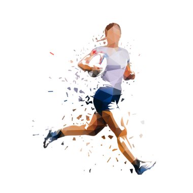 Rugby, topla koşan kadın, yan görüş. İzole edilmiş düşük çokgen vektör çizimi, çarpıtma etkisi olan çokgen çizim. Takım sporcusu.