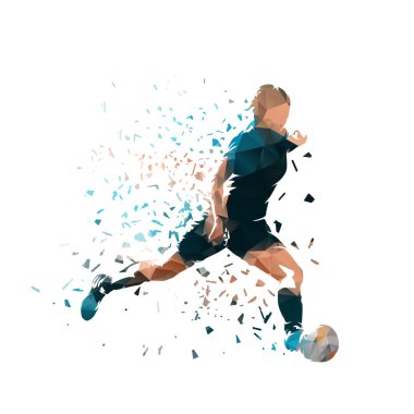 Kadın futbol oynuyor, bayan futbolcu topa vuruyor, izole edilmiş vektör düşük polimerli illüstrasyon dağınıklık etkisi