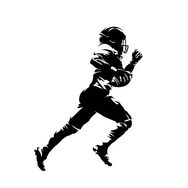 Amerikalı futbolcu, izole vektör silueti. Top, futbol logosu ve yüksek kontrastlı spor illüstrasyonuyla koşan oyun kurucu.