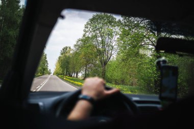 Bir arabanın içinde. Orman yolculuğu. Yolculuk geçmişi. Direksiyona el ele tutuşun. Cep telefonu navigasyonu. 