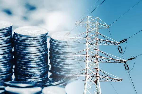 Elektrik fiyatları hızla yükseliyor. Yüksek elektrik faturaları. Enerji piyasası enflasyonu. Pahalı elektrik faturaları. Bir yığın bozuk para. Güç hattı arkaplanı. Enerji ekonomisi kavramı. Finansal elektrik krizi.