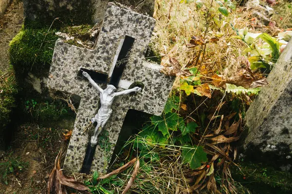 Haçlı eski mezarlık haçı. Yosun ve kuru yapraklarla kaplanmış yıpranmış taş bir mezar. İnancın, ölümün ve anıların barışçıl sembolü. Dini, tarihi ya da Azizler için uygun.