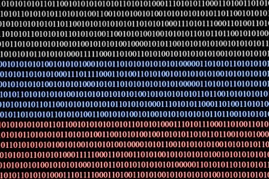 İkili kod. Bilgisayar ekranındaki numaralar. Görünür pikselli makro fotoğrafçılık. Rus bayrağı rengi arka plan. Rus Federasyonu hackerlarının dokusu.