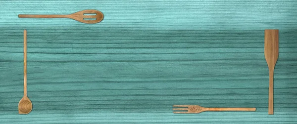 Topview Set Cooking Wooden Utensils Blue Table Background — Stock fotografie