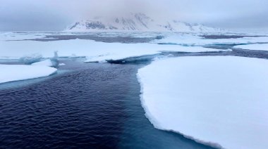 Sürüklenen Buz ve Karlı Dağlar, Buz Dağları, Buz Dağları, Albert I Land, Arctic, Spitsbergen, Svalbard, Norveç, Avrupa