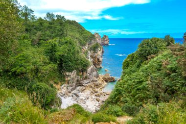 Islote de los Picones, Coastline and Cliffs View, Cantabrian Denizi, Pendueles, Llane, Asturias, İspanya, Avrupa