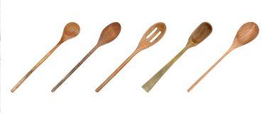 Beyaz Arkaplanda Yemek Pişirme Ahşap Utensillerinin Üst Görünümü