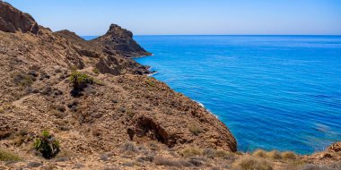 Punta Baja, Lava Flows, Volkanik Kayalar, Las Sirenas Resifi, Cabo de Gata-Nijar Doğal Parkı, UNESCO Biyosfer Rezervi, Sıcak Çöl İklim Bölgesi, Almerya, Endülüs, İspanya, Avrupa