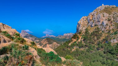 Es Colomer Bakış açısı, Eski Yarımada, Pollensa Körfezi, Comarca Sierra de Tramuntana, Akdeniz, Mallorca, Islas Baleares, İspanya, Avrupa