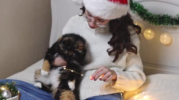 Menina Adolescente Caucasiana Bonita Chapéu Santa Claus Brinca Com Gato — Vídeo de Stock