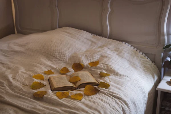 Otwarta Księga Leży Białym Łóżku Żółtą Jesienną Topolą Wokół Niej — Zdjęcie stockowe