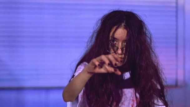 Beautiful Caucasian Teenage Girl Flowing Long Hair Bloody Dress Stretching — Stock Video