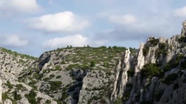 Fransa 'nın güneyinde ağaçların büyüdüğü kayalık dağların güzel panoramik manzarası, yan görüş, yavaş çekimde yakın çekim ve sağa doğru takip..