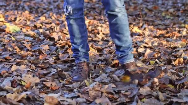 一个穿着蓝色牛仔裤和棕色靴子的年轻人的腿向摄像机走去 散落在秋天枯萎的树叶边 从下面看去 动作缓慢 — 图库视频影像