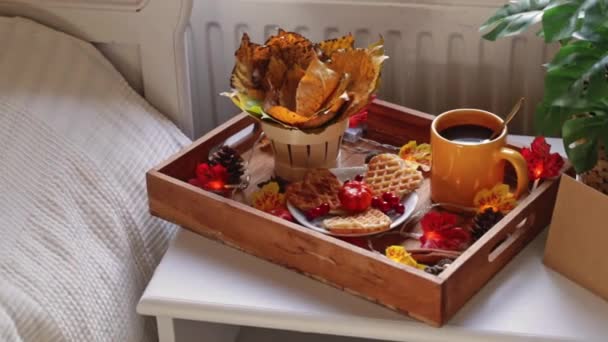 Wooden Tray Mug Coffee Waffles Saucer Bouquet Poplar Leaves Basket — Stock Video